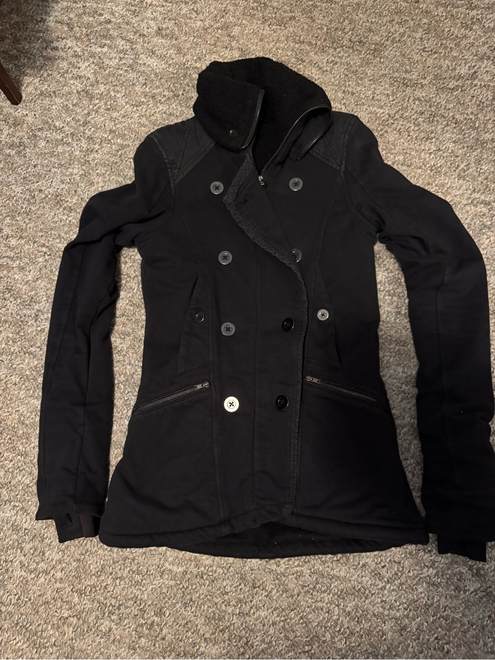 Lululemon Women’s Black Double-Breasted Pea Coat, fleece lined, size 4